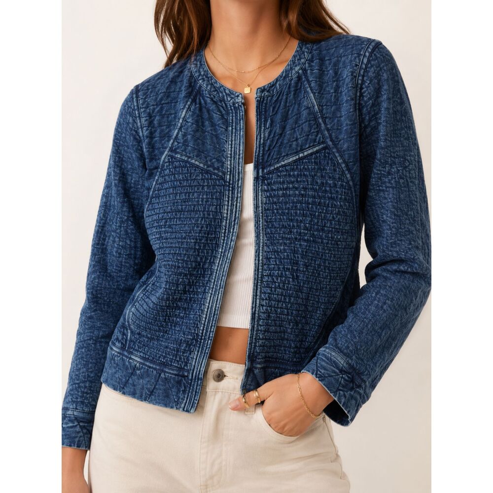Lucky Lotus Blue Quilted Moto Jacket Medium Boho Mineral Wash Cotton‎ Coat